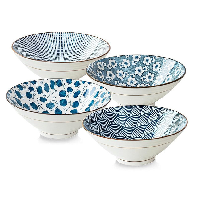 YALONG Ramen Bowls Set of 4, 8 Inch 38oz Ceramic Bowls for Pho, Noodles & Soup, Blue and White Pattern, Dishwasher and Microwave Safe, Japanese Style