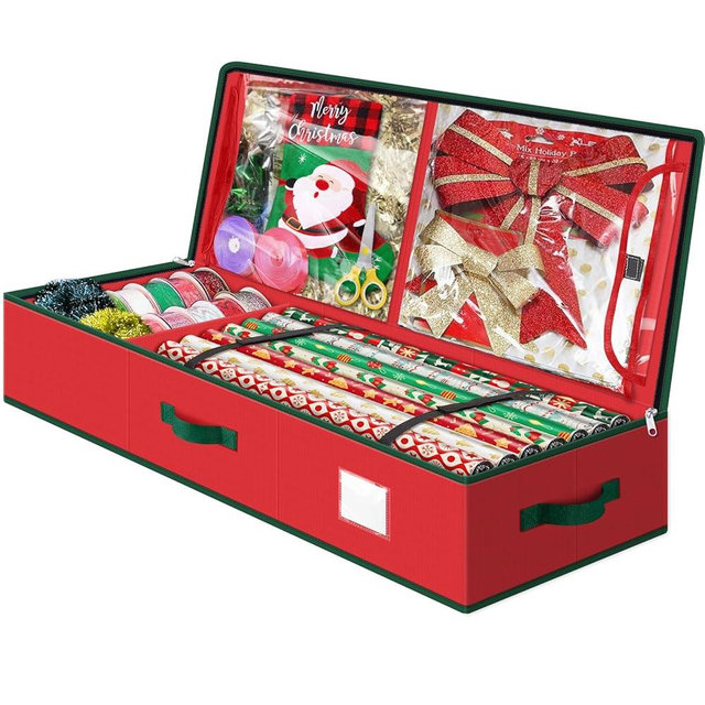 Fabspace Christmas Wrapping Paper Storage Containers, 40 Inch Gift Wrap Organizer, Visible Supplies Pockets for Xmas Accessories, Underbed Storage for Christmas Decorations, Red