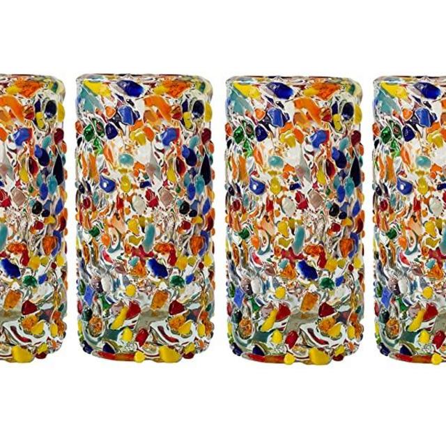 ECONIA - Authentic Mexican Tequila Shot Glasses - Tequila Set of shot glasses - 4 pcs - 2 Oz - Mexican Hand Blown Shot Glass (Confetti)