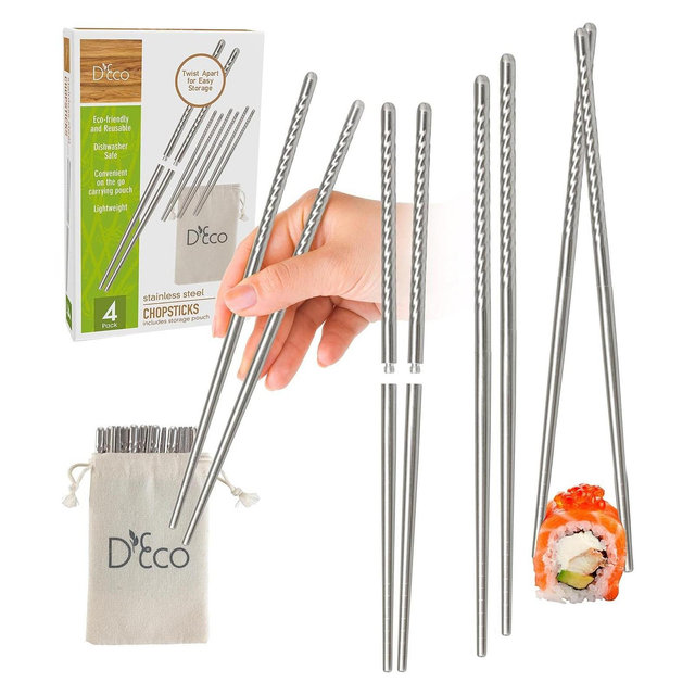D'Eco Reusable Metal Chopsticks - 4 Sets of Stainless Steel Twist Apart Chopsticks & Travel Pouch - Lightweight, Durable, Dishwasher Safe
