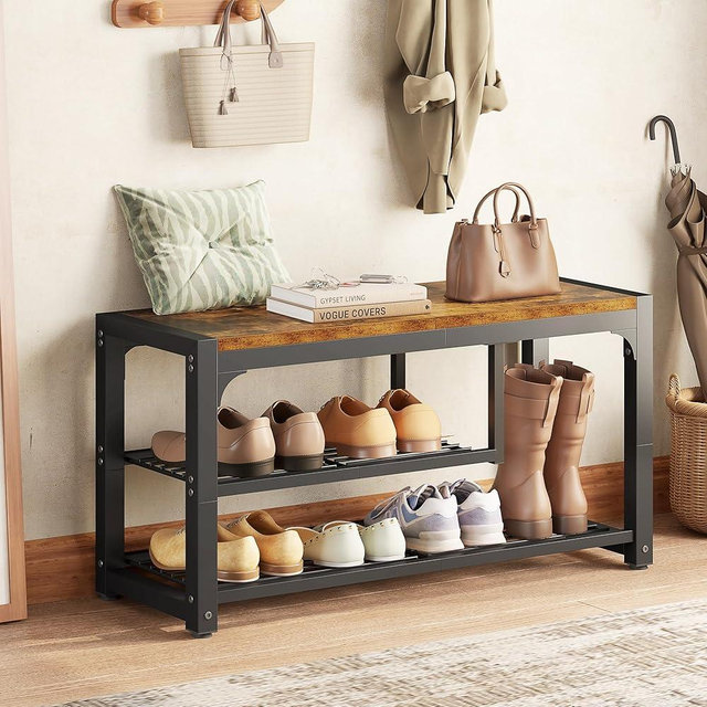 HOMEFORT Shoe Bench,3 Tiers Shoe Rack Bench,31.5" Shoe Storage Bench for Entryway, Retro Industrial Entry Bench with Mesh Shelves and Boot Storage,for Front Door Entrance, Rustic Brown