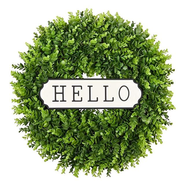 DDHS 20'' Artificial Boxwood Wreath for Front Door, Summer Wreath for Window Porch Farmhouse with Green Leaf for Spring/Summer/Fall All Seasons Home Decor-(Hello Sign)