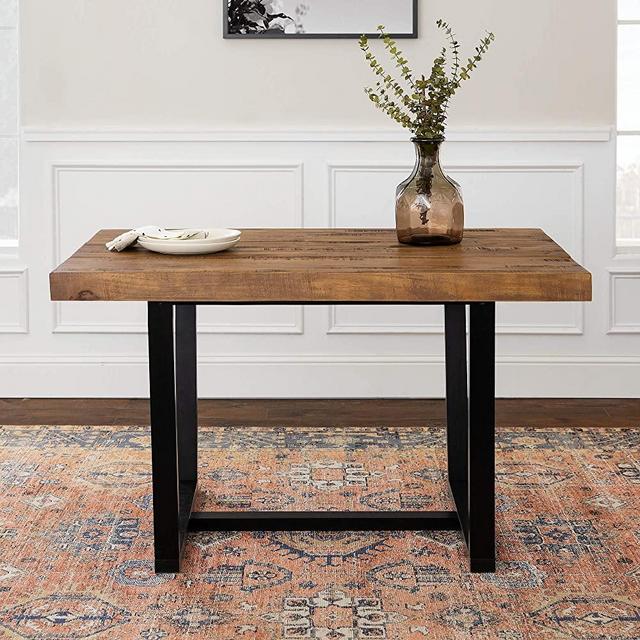 Walker Edison 6 Person Modern Farmhouse Distressed Wood Room Kitchen Table Set Dining Chairs, 52 Inch, Reclaimed Barnwood