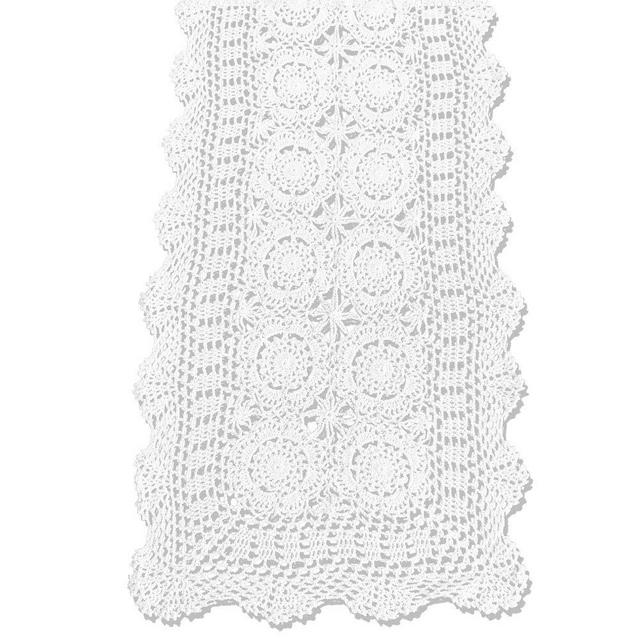 KEPSWET Cotton Handmade Crochet Lace Table Runner White Rectangle Coffee Table Dresser Decor (14x48 inch)