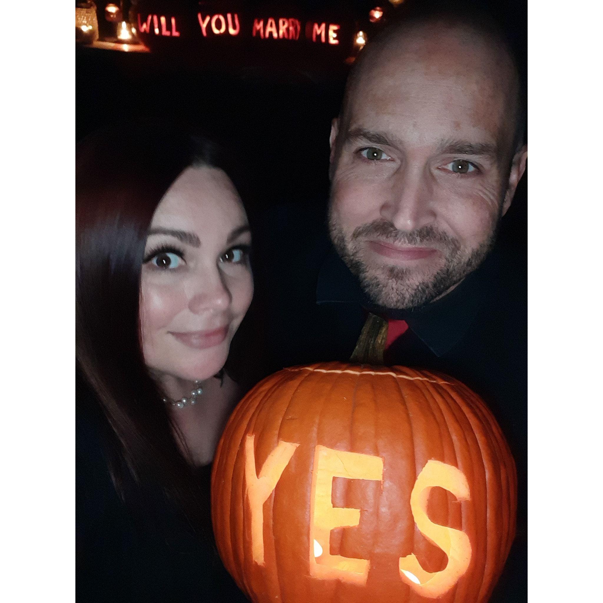 An unforgettable Halloween!  Bo proposed after an al fresco dinner under the full moon.  After an amazing dinner, Bo revealed a jack-o-lantern display that said, "Will you marry me".