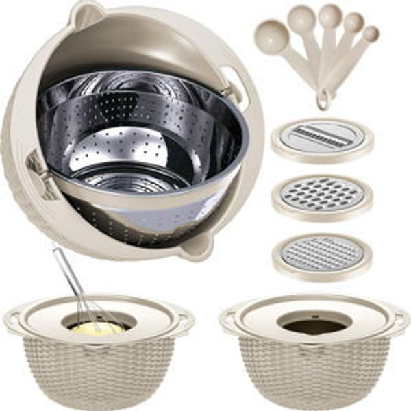 4-1 Colander with Bowl & Spoons Set - Rotatable Strainers for Kitchen, Food Strainers and Colanders, Funny Presents for Women, Fruit Cleaner, Veggie Wash, Aesthetic Kitchen Gadget Essentials - Beige