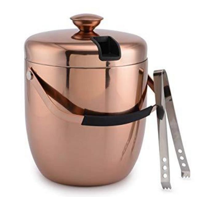 Malmo Stainless Steel Double Walled Ice Bucket with Tongs & Sealed Lid (3L) - Steel Interior & Copper Exterior - Chiller Bin Basket for Parties, BBQ & Buffet