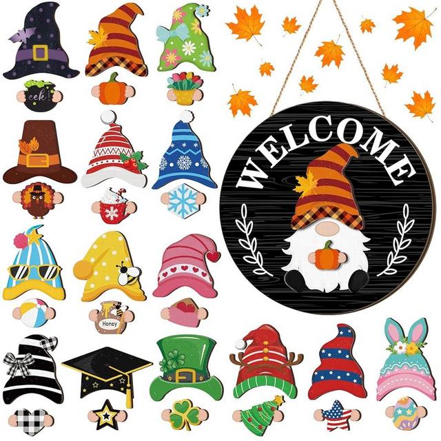 Qunclay Interchangeable Wooden Gnome Decor Holiday Seasonal Gnome Decorations with Magnet Pieces and Detachable Hats Changeable Welcome Sign for Home(Black Style)