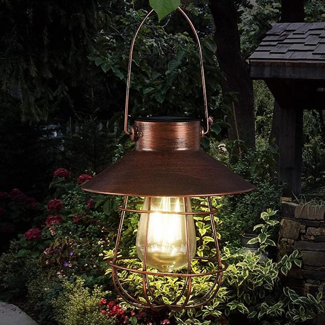 Hanging Solar Lights Outdoor -Vintage Solar Powered Lantern Waterproof Retro Solar Lamps with Warm Light Edison Bulb for Patio,Yard,Garden and Pathway Decoration(Copper)