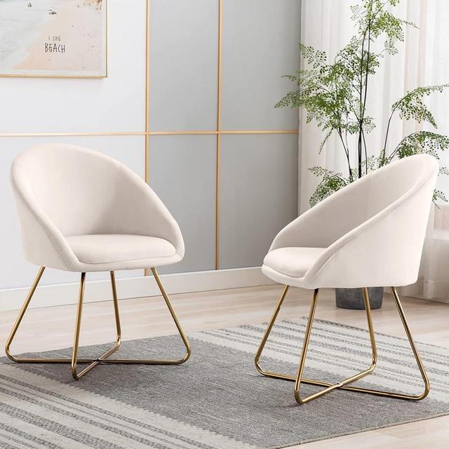 Artechworks Modern Velvet Dinning Chair with Golden Legs, Lounge Chair Set of 2, Accent Armchair for Living Dining Room Bedroom Reception Chair, Beige