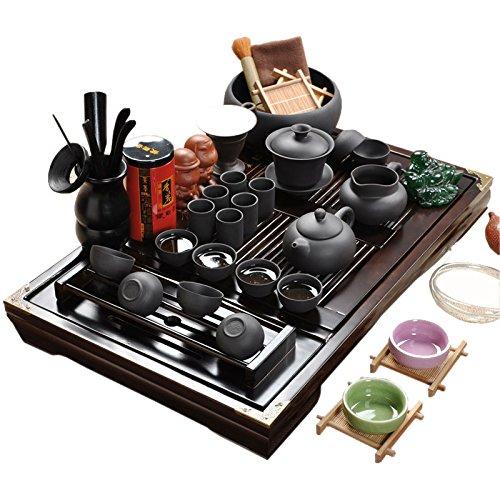ufengkeWood Tea Tray Ceramic Kung Fu Tea Set Tea Service-Black