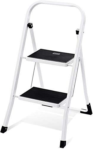 PRETIGO 2-Step Ladder Stool with Handle Grip | Anti-Slip Rubber Feet | Wide Pedal | Lightweight & Sturdy Metal Step Stool for Home and Garage - 300 lbs. Capacity (Steel)
