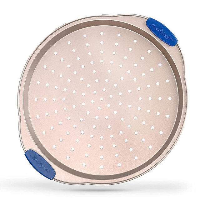 NutriChef Non-Stick Pizza Tray - with Silicone Handle, Round Steel Non-stick Pan with Perforated Holes, Premium Bakeware, Pizza Tray with Silicone and Oversized Handle, Dishwasher Safe - NCBPIZ2