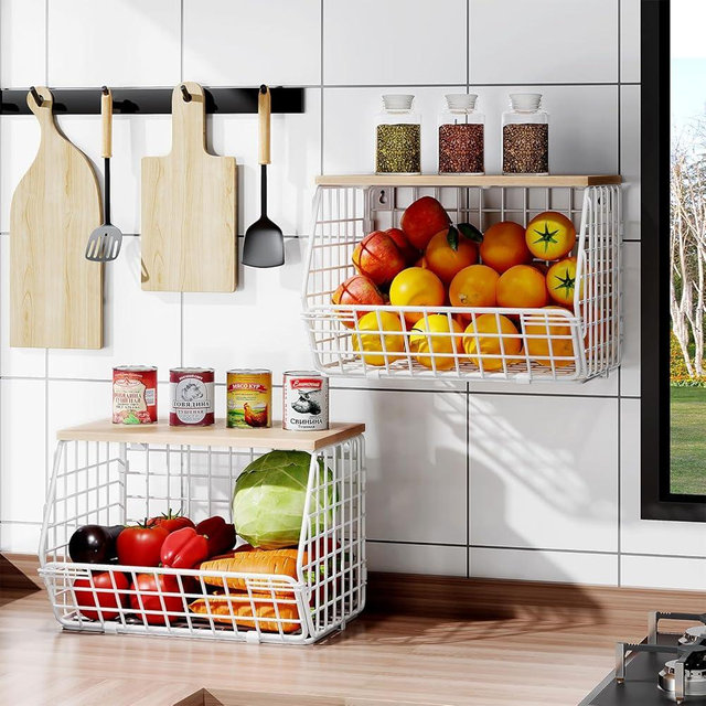 Wetheny 2pcs Wall Mounted Wire Basket Fruit Basket with Wood Top - Kitchen Pantry Organization and Storage, Stackable Tiered Hanging Baskets for Fruits, Onion, Potato, Produce, Vegetable,Storage