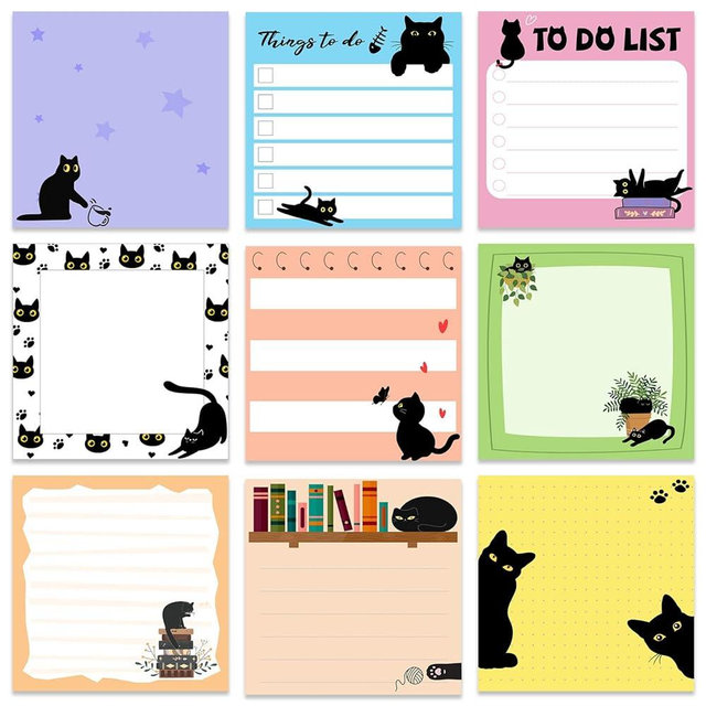 Saypacck 9 Pads Black Cat Sticky Notes 3x3 Inch Cute Self Stick Notepads Notes Adhesive Memo Pad Office Decor Gifts for Students School Teacher Meeting Office Supplies