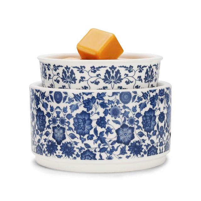 NAFANG Blue & White Porcelain Pattern Wax Melt Warmer,Ceramic 3-in-1 Electric Candle Wax Warmer for Scented Wax Melter Oil Burner for Home Office Bedroom Gift & Decor (with KD Iron Shelf)