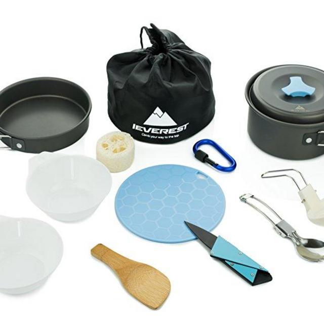 IEVEREST - Ultimate 13pcs Camping Cookware Mess Kit Backpacking Gear & Hiking | Compact Lightweight & Durable | Pots Bowls Bag & Shackle | Free Gifts: Cutting Board Spork and Stainless steel knife