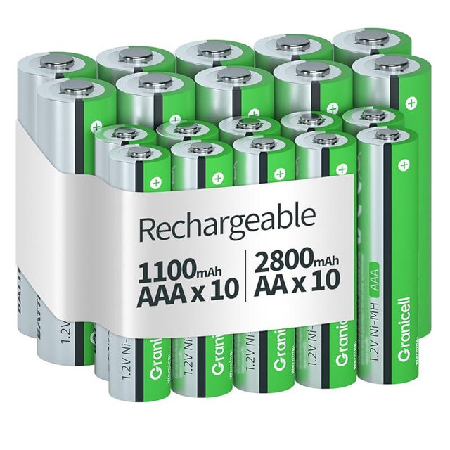 Granicell 20 Sets AA AAA Rechargeable Batteries,High Capacity 10-Pack AA 2800mAh & 10-Pack AAA 1100mAh,1.2V NiMH Low Self Discharge
