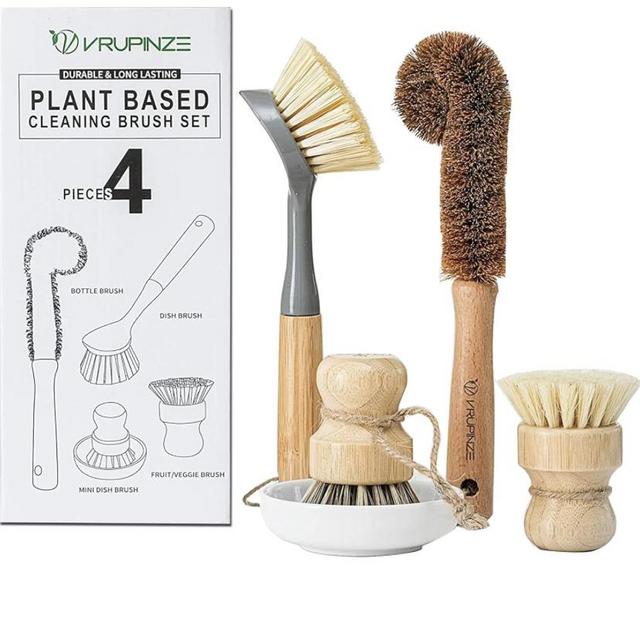 VRUPINZE Natural Bamboo Dish Brush Bottle Scrub Brush 4-Piece Set, with Ceramic Soap Dispenser - Wooden Washing Up Brushes with Sturdy Handles for Cleaning Dishes, Pots, Pans, Gift Kit