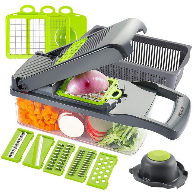 KEOUKE Vegetable Chopper Slicer Dicer - 12-in-1 Fruits Cutter Mandoline Slicer Food Chopper/Cutter with 7 Stainless Steel Blades, Adjustable Slicer & Dicer with Storage Container