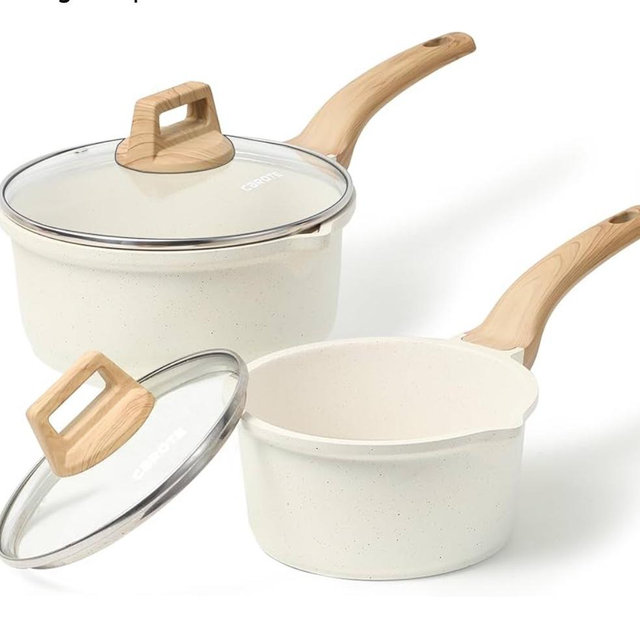 CAROTE 1.5Qt & 3.0Qt Sauce Pan Set with Lid Nonstick Saucepan 4 Pcs Non Stick Sauce Pots Cooking Pot with Pour Spout, Easy to Clean, Small Kitchen Pots Induction Pot, PFOA FREE (White Granite)