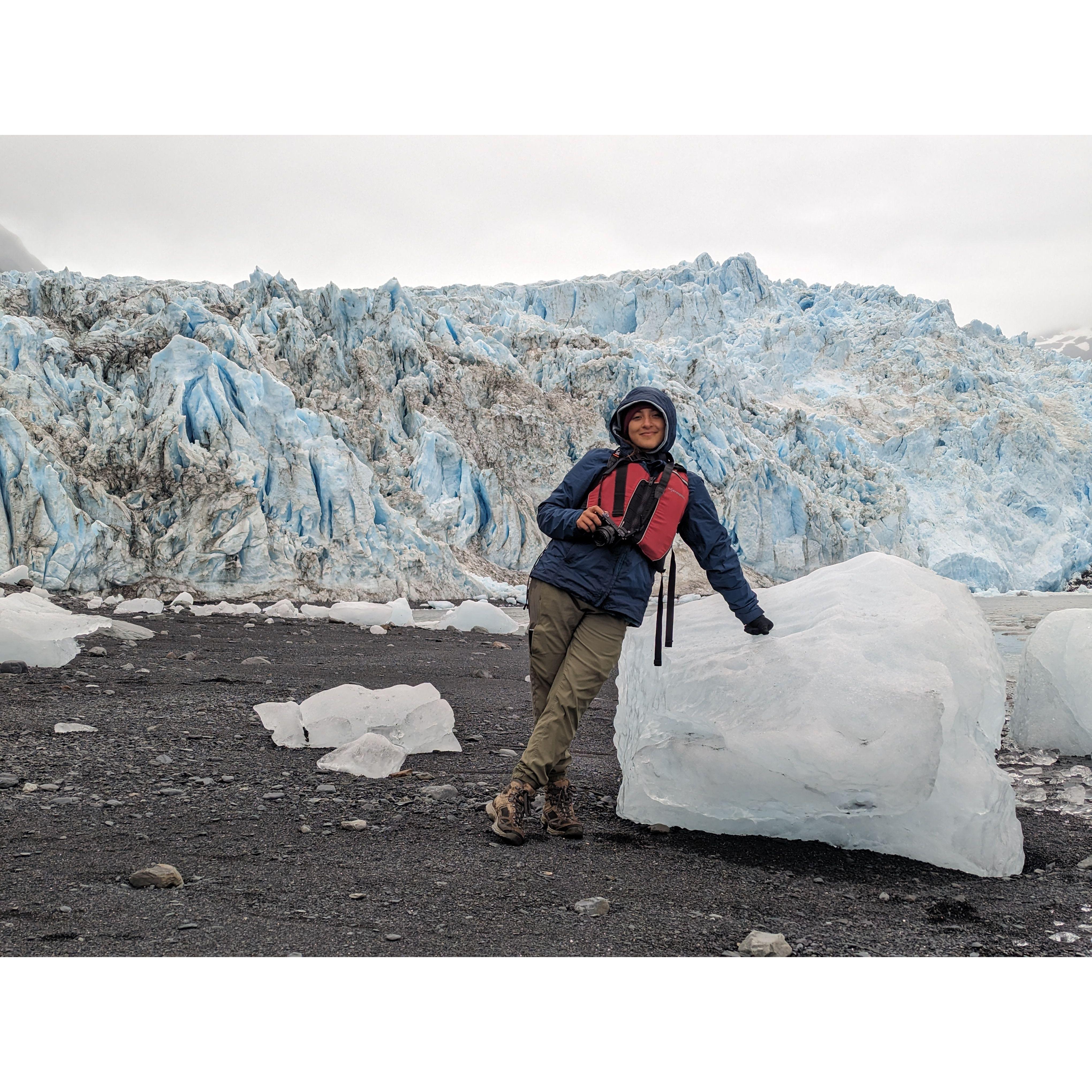 Vachel posing on a glacier in Alaska 2023