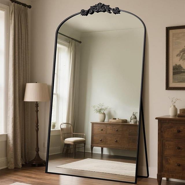 Antok Arched Full Length Mirror, 81"x41" Floor Mirror with Carved, Full Body Mirrors for HomeDecor, Standing/Halling Large Wall Mirror for Bedroom, Living Room, Cloakroom, Black, Retro Style
