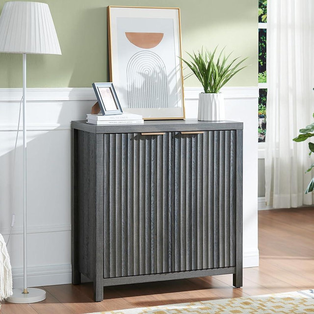 OAKHAM HOME Oxford Storage Cabinet Fluted Sideboard Buffet Cabinet with Adjustable Shelves, Modern Accent Cabinet Console Credenza for Living Room, Hallway, Entryway. (Black Oak)