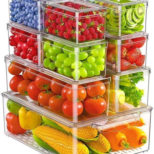 KEMETHY 11 Pack Refrigerator Organizers and Storage, Stackable Fridge Organizer Bins, BPA-Free Clear Plastic Fruit Storage Containers for Fridge, Kitchen, Fruits, Drinks, Produce, Vegetable