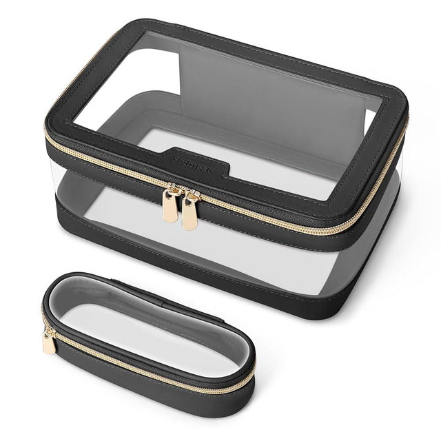 Soimeat Travel Clear Makeup Bag with Makeup Brush Bag, Leather Makeup Case Toiletry Bag, Portable Cosmetic Bag Case, Transparent Waterproof Cosmetic Organizer Storage Bag for Women