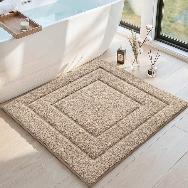 DEXI Bathroom Rug 26x26, Non Slip Washable Bath Mat for Shower Floor, Absorbent Soft Bathmat with Rubber Backing, Quick Dry Microfiber Carpet, Beige