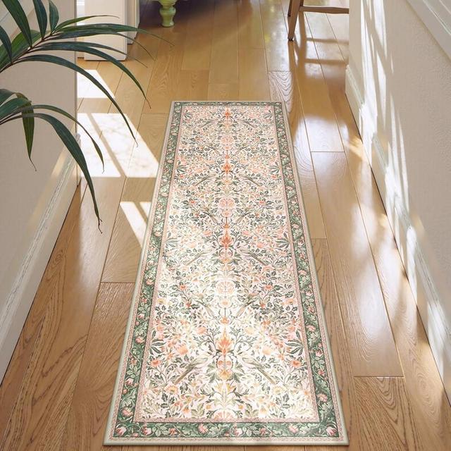 Morebes Boho Washable Kitchen Runner Rugs Non Skid 2x6, Botanical Long Bathroom Rugs Runner, Soft Thin Indoor Floor Throw Carpet for Hallways Entry Bedroom Laundry Room, Olive Green