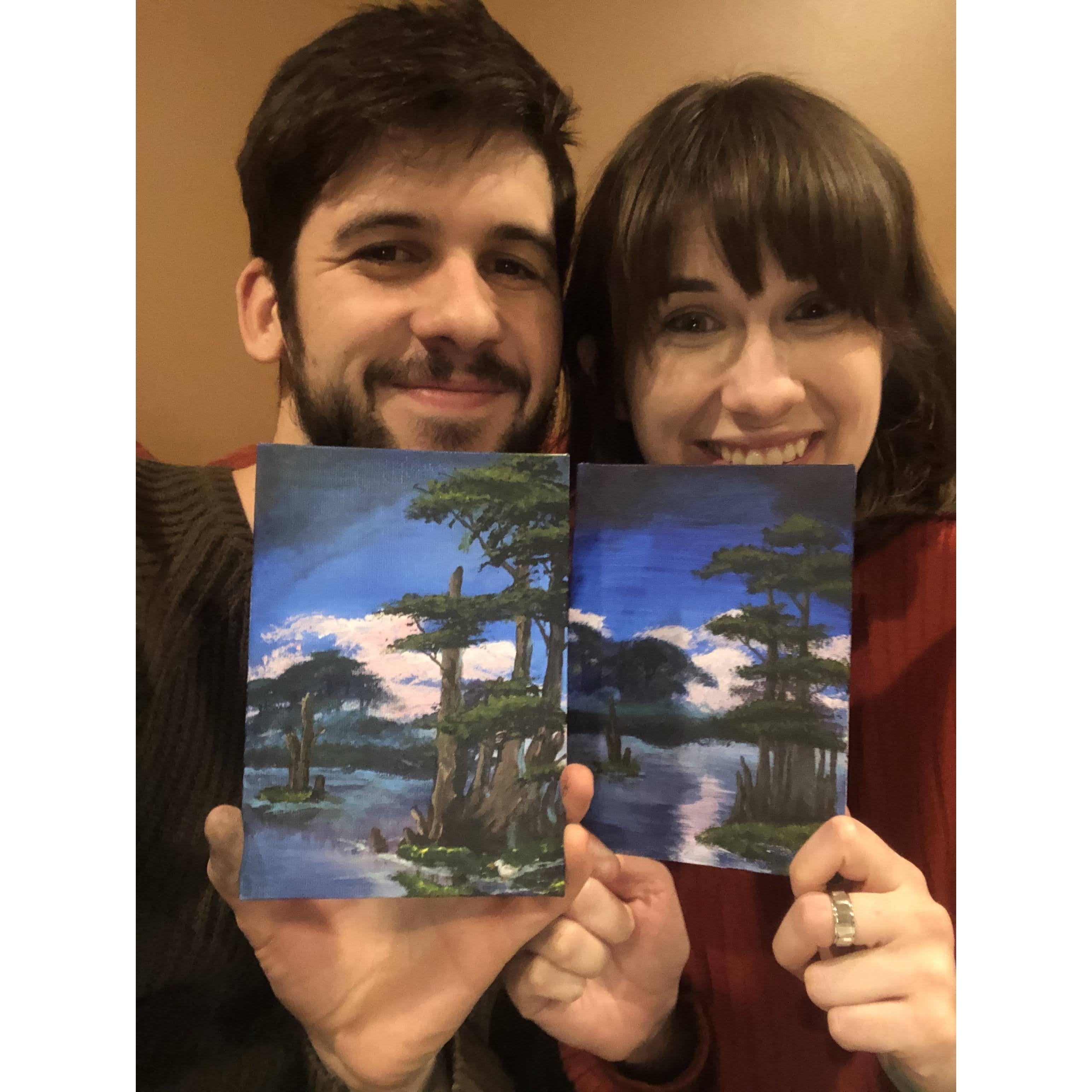 One of our favorite date-nights: Bob Ross paint-along!