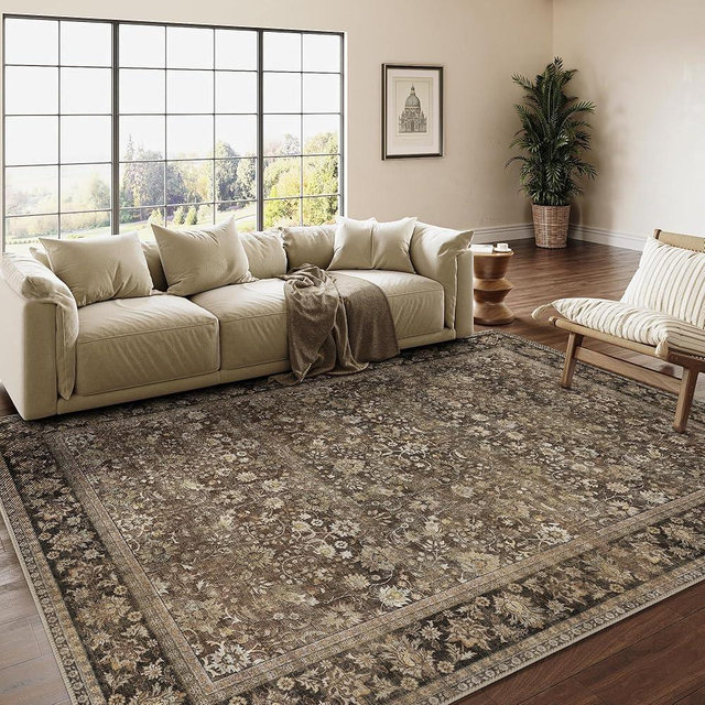 HUGEAR 6x9 Machine Washable Rugs Brown Hallway Large Area Rug Indoor Accent Rug Floral Low Pile Carpet Soft Throw Aesthetic Rug Bedroom Living Room Office Dining Room Kitchen Laundry Room