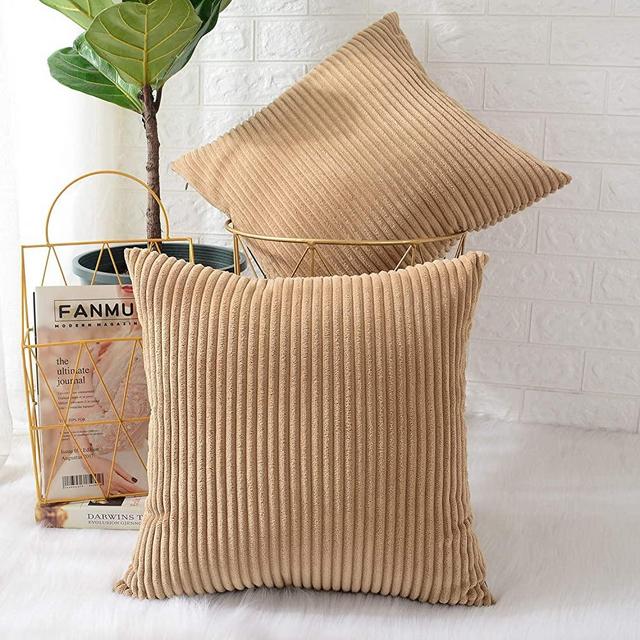 MERNETTE Pack of 2, Corduroy Soft Decorative Square Throw Pillow Cover Cushion Covers Pillowcase, Home Decor Decorations for Sofa Couch Bed Chair 20x20 Inch/50x50 cm (Striped Light Brown)