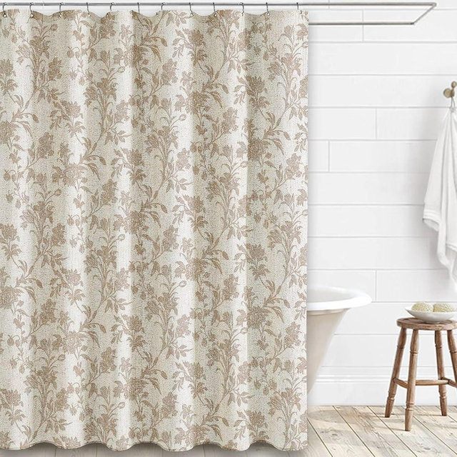 WOUVMA Extra Long Beige Shower Curtain Floral Cotton Linen Cottagecore Shower Curtain for Bathroom 90" L x 72" W