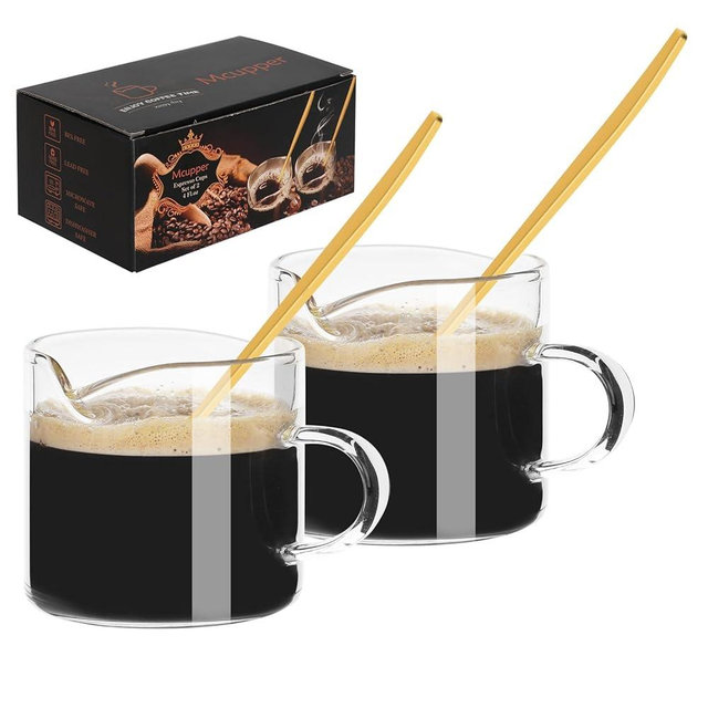 Mcupper 2 Pack Espresso Cups 4 OZ, Double Spouts Cups with Handle and 2 Stainless Steel Spoons, Espresso Shot Glasses, Milk Cup, Clear Glass for Espresso Machine