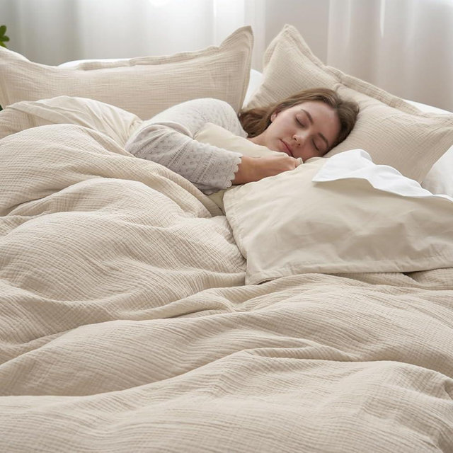 PHF Cotton Muslin Duvet Cover Queen Size, 3-Layer Ultra-Soft Lightweight Breathable Textured Guaze, Skin-Friendly Minimalist Comforter Cover Set for All Season, with 2 Pillow Shams, 90"x90", Natural