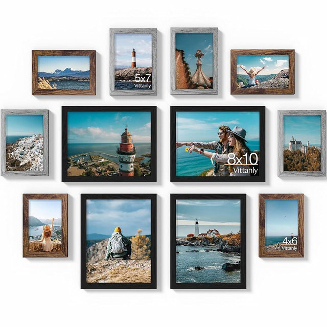Vittanly 12 Pack Picture Frames Collage Wall Decor for Mounting or Tabletop Display, Gallery Wall Frame Set for Family, Multi Sizes Including 4pcs 8x10, 4pcs 5x7, 4pcs 4x6, Black, Brown and Grey
