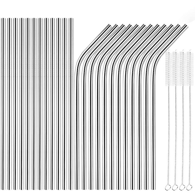 [24 PCS] Extra Long 10.4 inch Value Pack Reusable Stainless Steel Straws Combinations, Tomorotec Metal Straw Sets with Cleaning Brushes, 12 Straight 12 Bent For Tumblers Beverage Drinks Cocktail