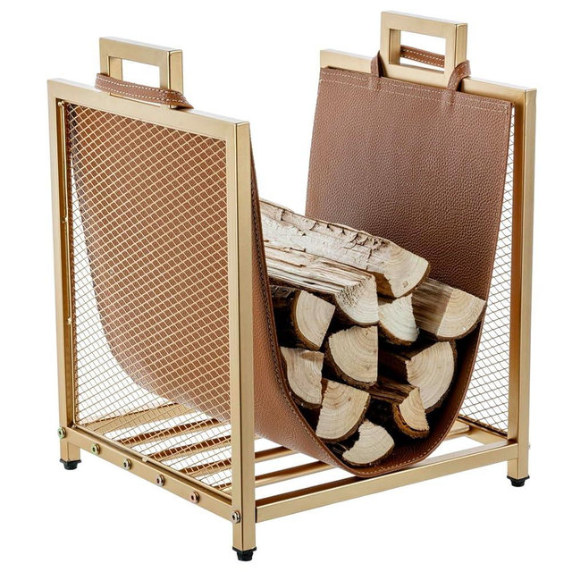 MyGift Modern Gold Tone Metal Firewood Stand with Brown Leatherette Wood Holder Sling, Wire Mesh Design and Top Carrying Handles, Compact Log Splits Kindling Storage Rack