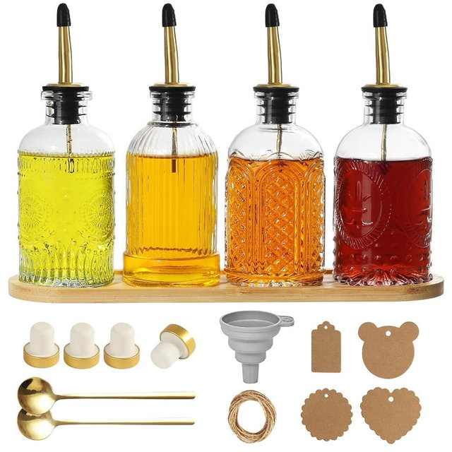 RACOBOT Coffee Syrup Dispenser for Coffee Bar, 4 Pack Glass Syrup Dispensers Bottles with Bamboo Tray, 7 Fl Oz Small Maple Syrup Container with Golden Spoon, Vintage Oil Dispenser for Kitchen