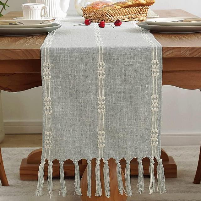 Table Runner,TEWENE Table Runners 72 inches Long Linen Table Runner Wrinkle Free Boho Table Runner Fall Table Runner for Dresser, Coffee Table,Dining Room (Braided Light Grey/13''x72'')