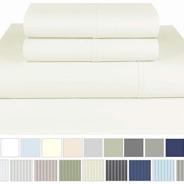 Threadmill Home Linen 600 Thread Count Queen Size Sheets Set - 100% Extra-Long Staple Cotton Sheets for Queen Size Bed with Deep Pocket, Luxury 4 Piece Bedding Set, Smooth Solid Sateen Weave, Ivory