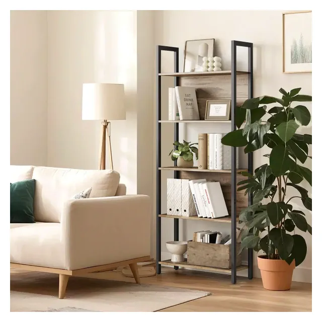 5-Tier Bookshelf, Book Shelf, Industrial Bookcase, with Steel Frame, for Living Room, Home Office, Bedroom, 9.4 x 24.4 x 65 Inches