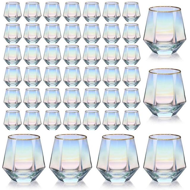 XKXKKE 48 Pcs Diamond Wine Glasses, 10 OZ Modern Stemless Gold Rim Glass Cups Iridescent Drinking Glassware for Serving Party, Home, Bar, Restaurants, Gift, Rainbow Tumbler, Colorful Set of 48