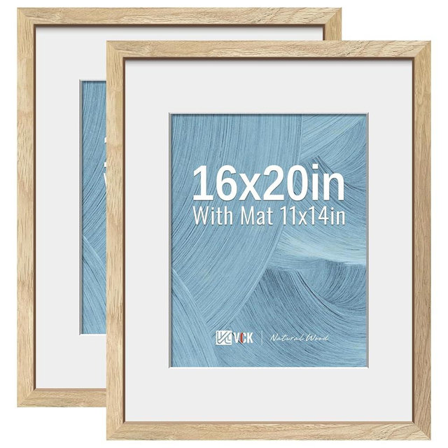 VCK 16x20 Picture Frame 2 Pack - Natural Wood Grain, High-End Wood Poster Frames with Tempered Glass, Display 11x14 Photo with Mat or 16x20 without Mat, Art Gallery-Quality, Wall Hanging, Natural
