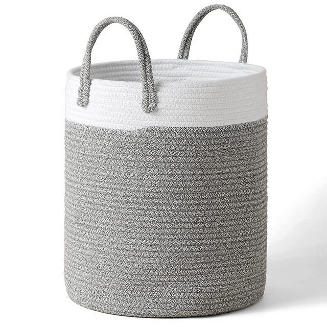LA JOLIE MUSE 16” Large Cotton Rope Woven Basket with Handles, Organization and Storage Bin, Natural and Safe for Baby Kids Toy Nursery Laundry, 16 X 14 X 14 Inch, White & Gray