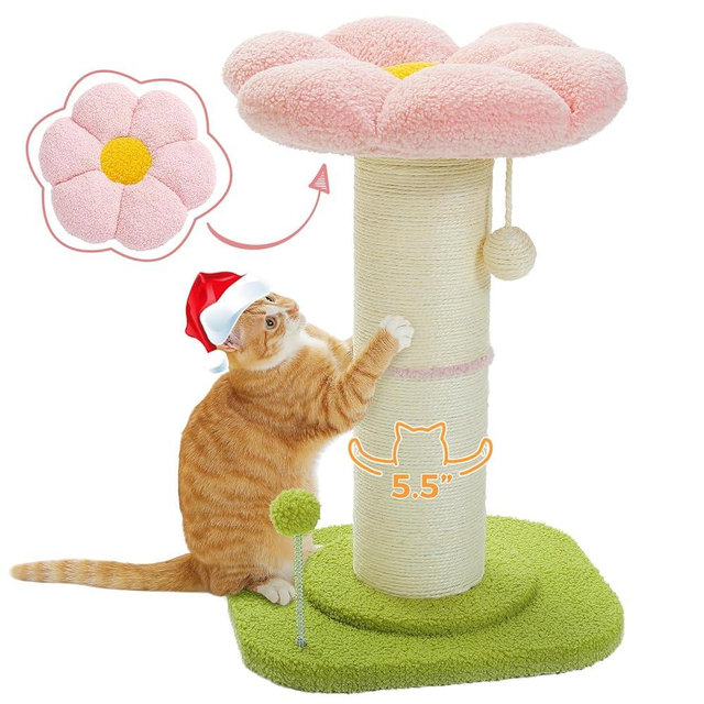 PEQULTI Flower Cat Scratching Post, Small Cat Tree, Tall Cat Scratcher for Indoor Cats with Super Thick Scratching Post [Dia=5.5''], Removable Flower Cat Bed, Cat Scratch Post with Spring Ball, Pink