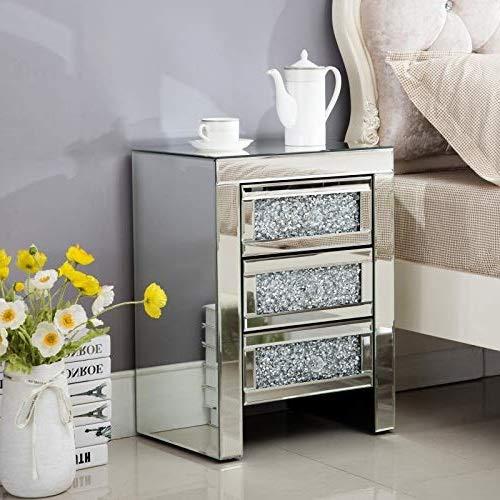 Mecor Mirrored End Table 3 Drawers Mirror Accent Side Table Silver Finished Nightstand for Living Room/Bedroom (Crystal Silver)